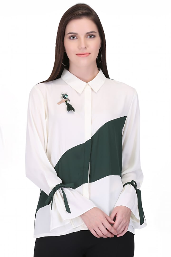 White & Bottle Green Embroidered Shirt by Midori by SGV