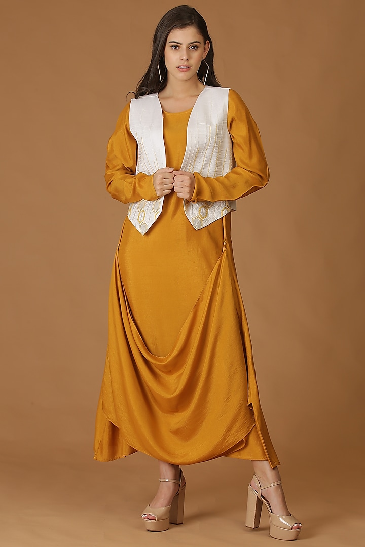 Mustard Embroidered Cowl Dress With Jacket by Midori by SGV