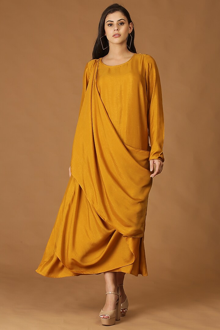 Mustard Embroidered Cowl Dress With Jacket by Midori by SGV at Pernia's Pop Up Shop