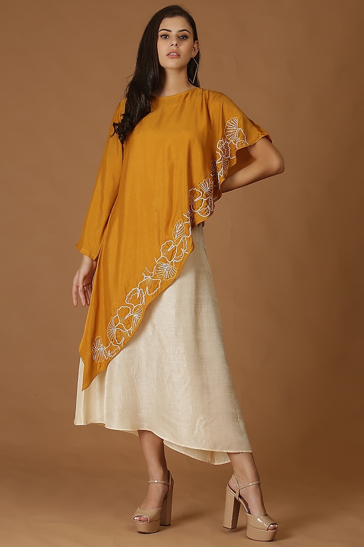 Mustard Hand Embroidered Cape With Dress by Midori by SGV at Pernia's Pop Up Shop