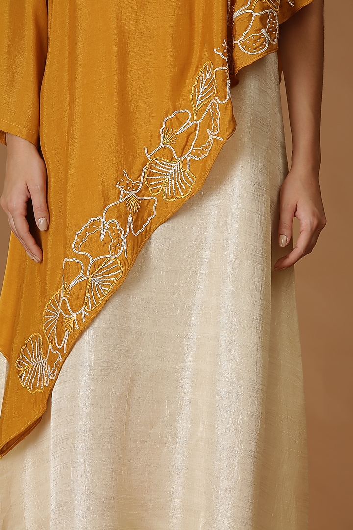 Mustard Hand Embroidered Cape With Dress by Midori by SGV at Pernia's Pop Up Shop