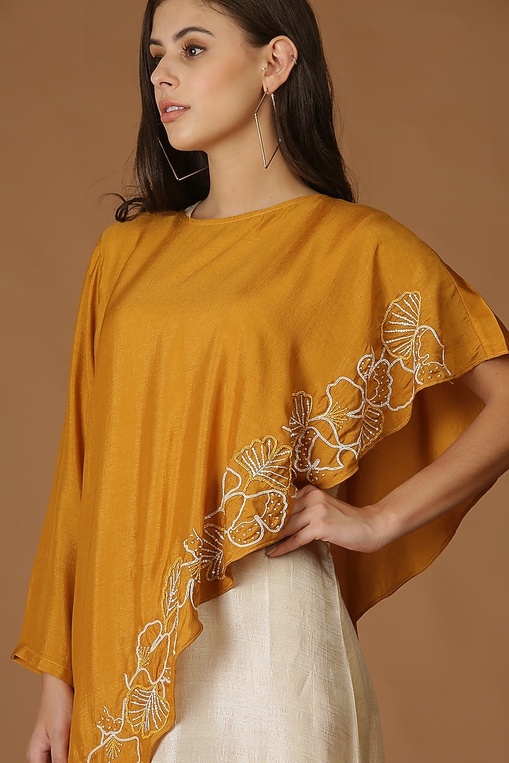 Mustard Hand Embroidered Cape With Dress by Midori by SGV at Pernia's Pop Up Shop