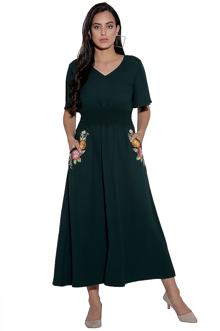 Bottle Green Hand Embroidered Dress by Midori by SGV