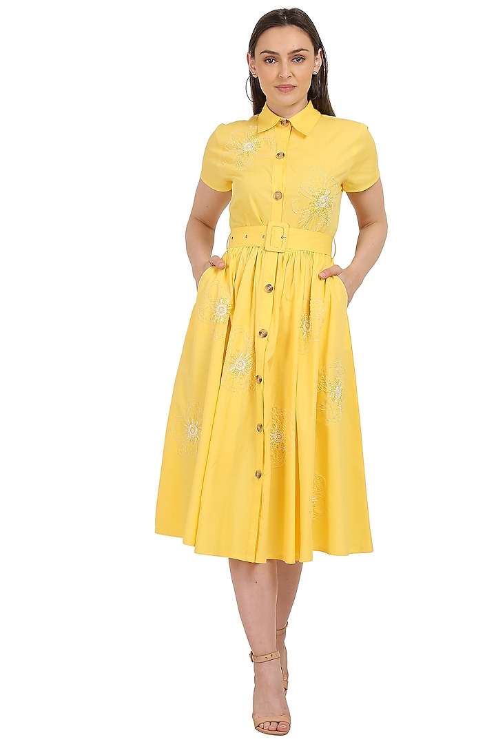 Yellow Hand Embroidered Shirt Dress by Midori by SGV