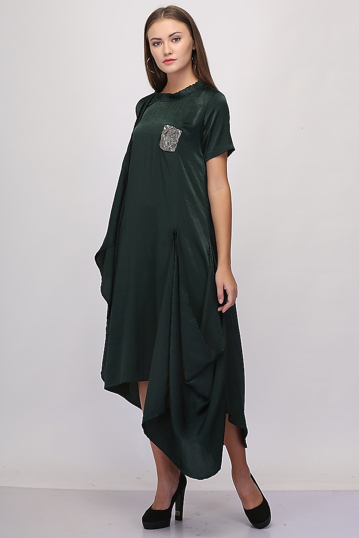 Midnight Green Hand Embroidered Draped Dress Design by Midori by SGV at ...