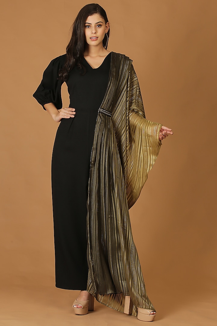 Black Imported Crepe Pleated Draped Jumpsuit by Midori by SGV