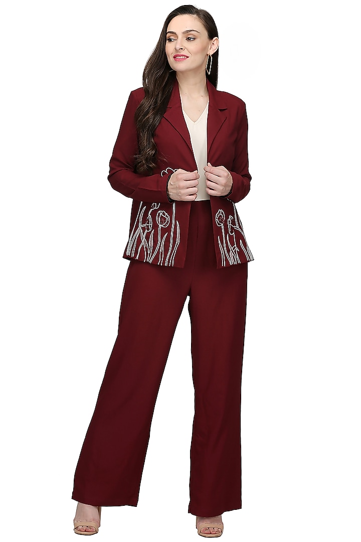 Maroon & White Jumpsuit With Embroidered Coat by Midori by SGV