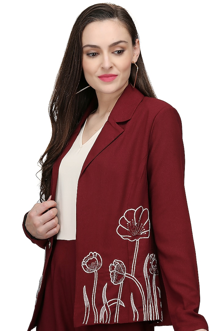 Maroon & White Jumpsuit With Embroidered Coat by Midori by SGV at Pernia's Pop Up Shop