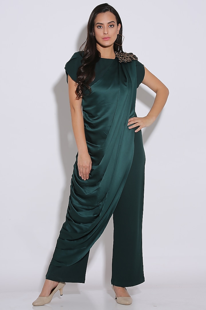 Bottle Green Embroidered Draped Jumpsuit by Midori by SGV