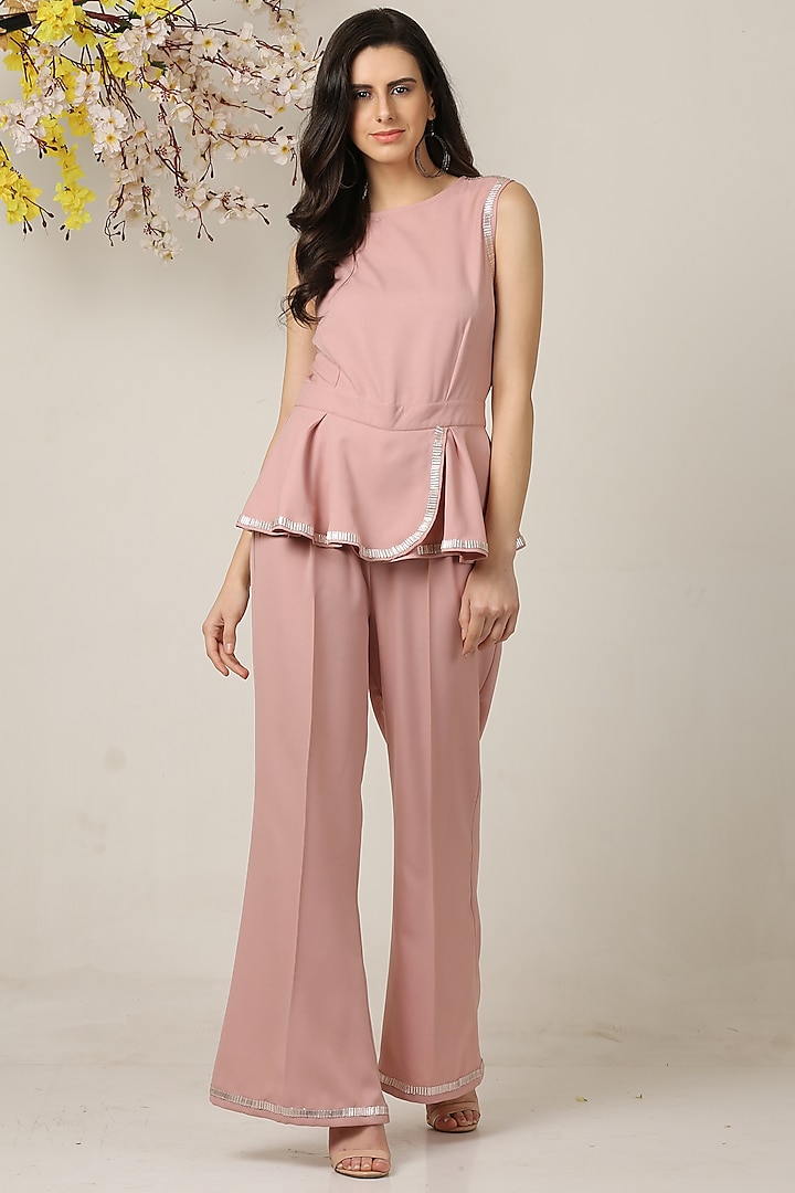 Blush Pink Embroidered Peplum Jumpsuit by Midori by SGV