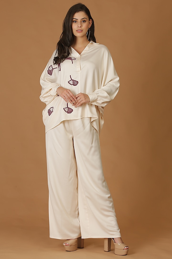 Beige Satin Crepe Pant Set by Midori by SGV
