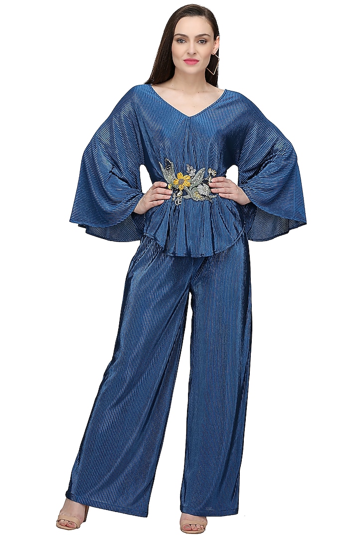Cobalt Blue Pleated Satin Pant Set Design by Midori by SGV at Pernia's ...
