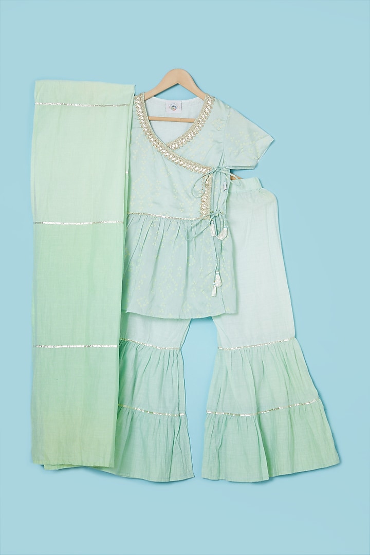 Fern Green Cotton & Chanderi Sharara Set For Girls by Mi Dulce An'ya at Pernia's Pop Up Shop