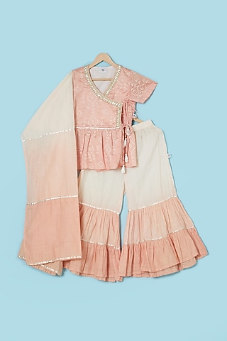 Blush Pink Cotton & Chanderi Sharara Set For Girls by Mi Dulce An'ya
