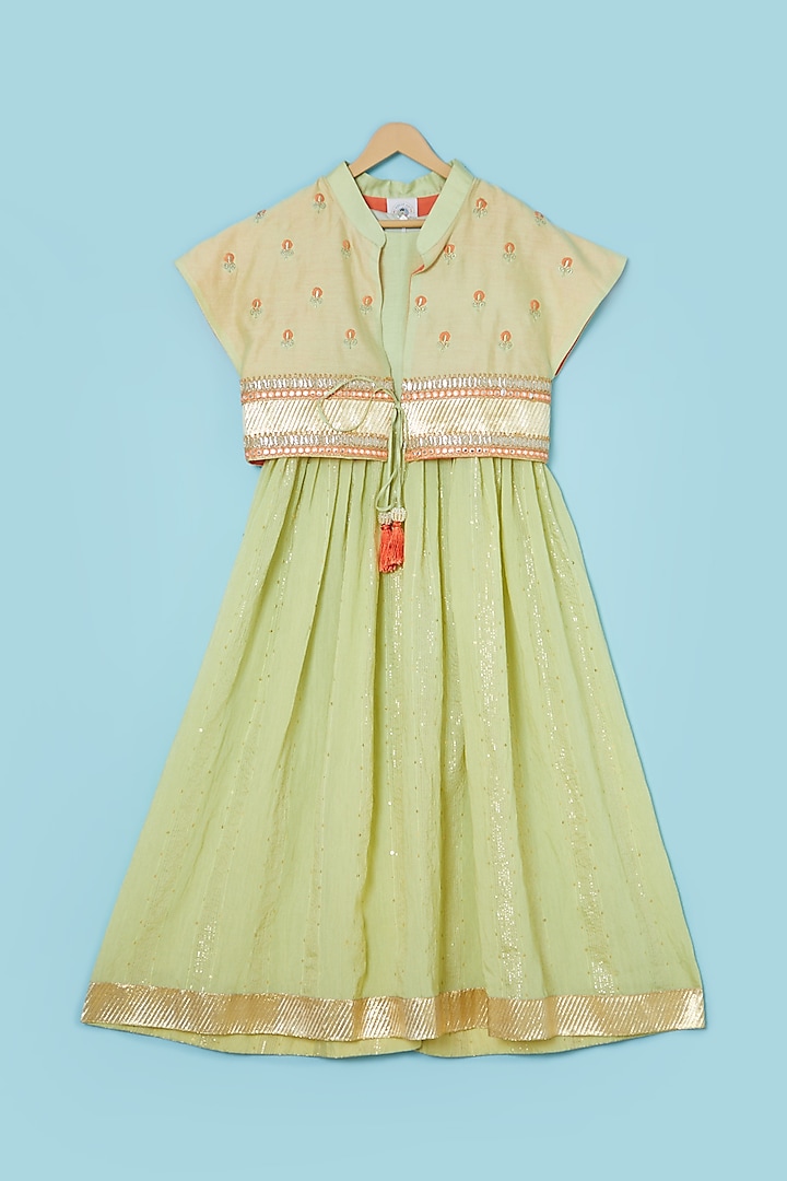 Mint Green Embroidered Jacket With Anarkali For Girls by Mi Dulce An'Ya