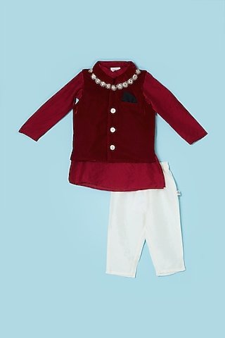 Maroon Cotton Kurta Set With Bundi Jacket For Boys by Mi Dulce An'ya