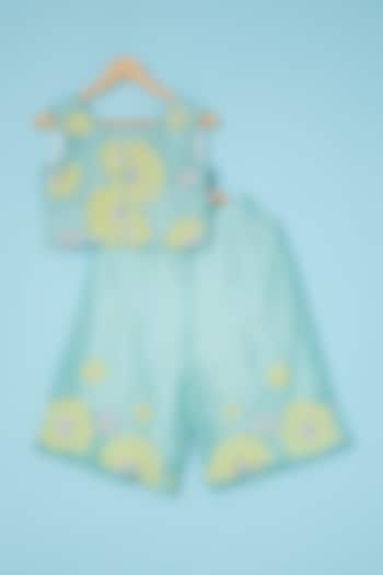 Turquoise Embroidered Palazzo Pant Set For Girls by Mi Dulce An'ya