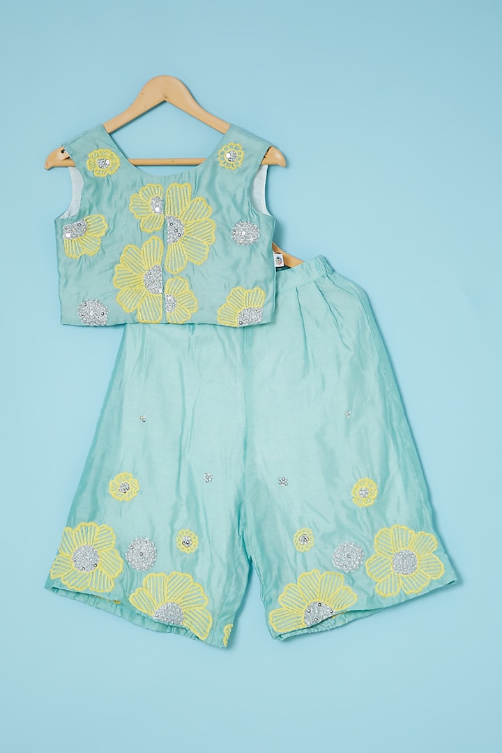 Turquoise Embroidered Palazzo Pant Set For Girls by Mi Dulce An'ya
