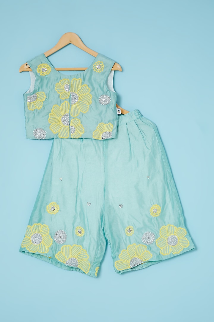 Turquoise Embroidered Palazzo Pant Set For Girls by Mi Dulce An'ya at Pernia's Pop Up Shop
