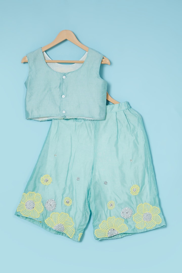 Turquoise Embroidered Palazzo Pant Set For Girls by Mi Dulce An'ya at Pernia's Pop Up Shop