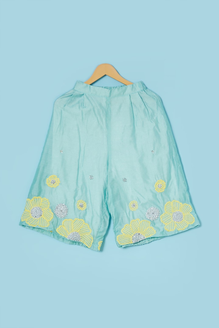 Turquoise Embroidered Palazzo Pant Set For Girls by Mi Dulce An'ya at Pernia's Pop Up Shop