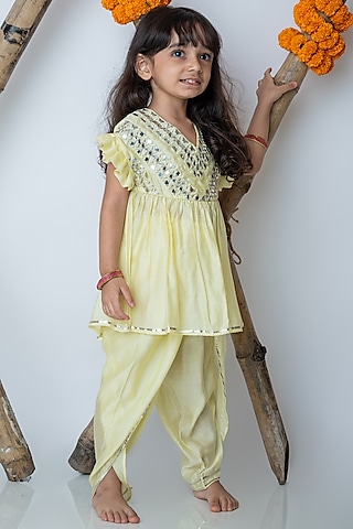 Lemon Yellow Organic Cotton Dhoti Set For Girls by Mi Dulce An'ya