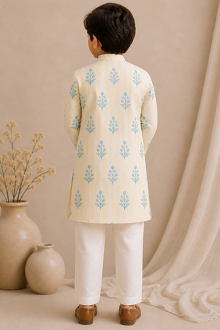 Yellow Handwoven Chanderi Printed Kurta Set For Boys by Mi Dulce An'ya at Pernia's Pop Up Shop
