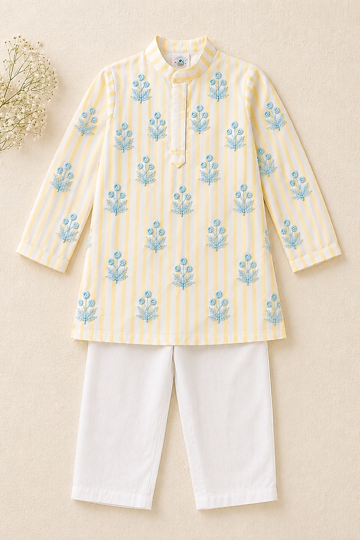 Yellow Handwoven Chanderi Printed Kurta Set For Boys by Mi Dulce An'ya at Pernia's Pop Up Shop