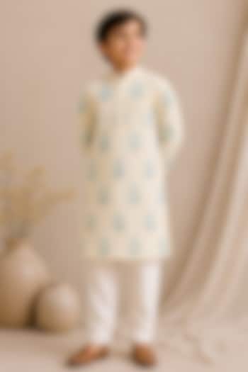 Yellow Handwoven Chanderi Printed Kurta Set For Boys by Mi Dulce An'ya at Pernia's Pop Up Shop