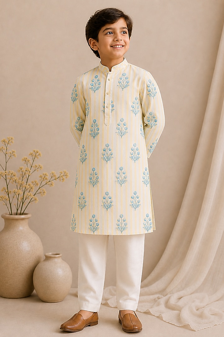 Yellow Handwoven Chanderi Printed Kurta Set For Boys by Mi Dulce An'ya at Pernia's Pop Up Shop