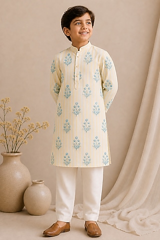 Yellow Handwoven Chanderi Printed Kurta Set For Boys by Mi Dulce An'ya