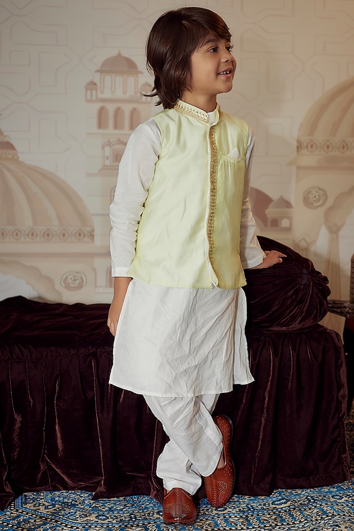 Mint Green Organic Cotton Embroidered Nehru Jacket With Kurta Set For Boys by Mi Dulce An'ya