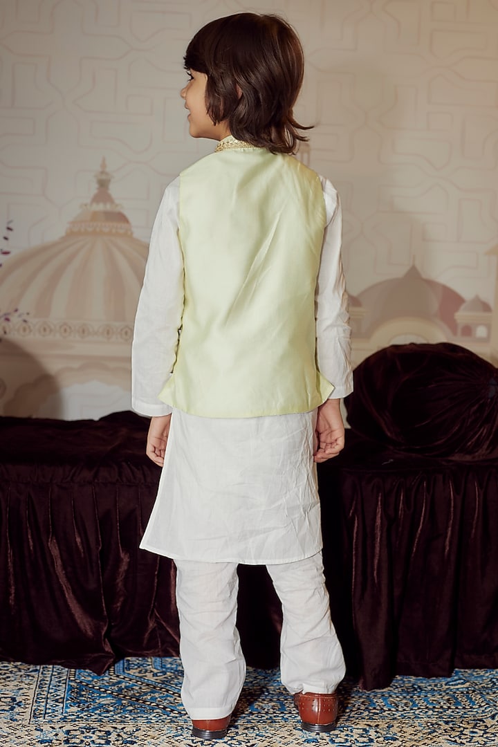 Mint Green Organic Cotton Embroidered Nehru Jacket With Kurta Set For Boys by Mi Dulce An'ya at Pernia's Pop Up Shop