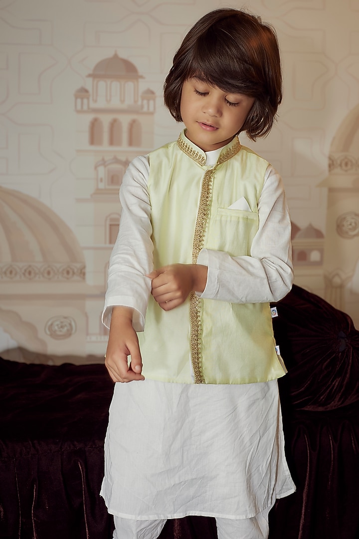 Mint Green Organic Cotton Embroidered Nehru Jacket With Kurta Set For Boys by Mi Dulce An'ya at Pernia's Pop Up Shop