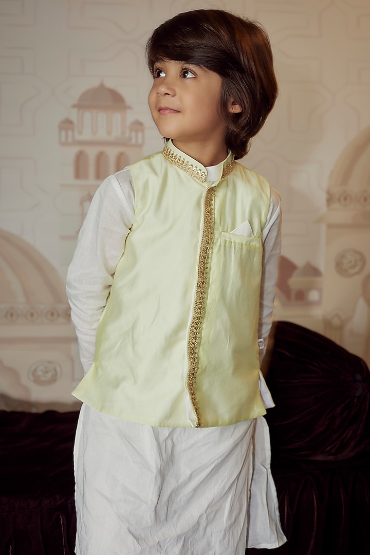Mint Green Organic Cotton Embroidered Nehru Jacket With Kurta Set For Boys by Mi Dulce An'ya at Pernia's Pop Up Shop