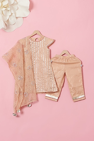 Blush Pink Cotton & Handwoven Chanderi Gota Kurta Set For Girls by Mi Dulce An'ya