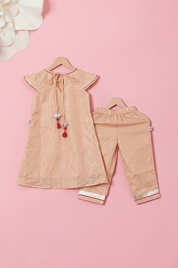 Blush Pink Cotton & Handwoven Chanderi Gota Kurta Set For Girls by Mi Dulce An'ya at Pernia's Pop Up Shop