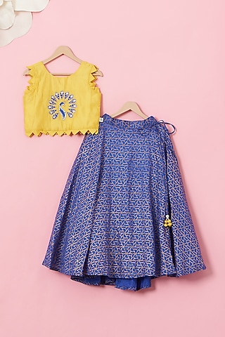Purple Cotton & Handwoven Chanderi Mirror Embroidered Lehenga Set For Girls by Mi Dulce An'ya
