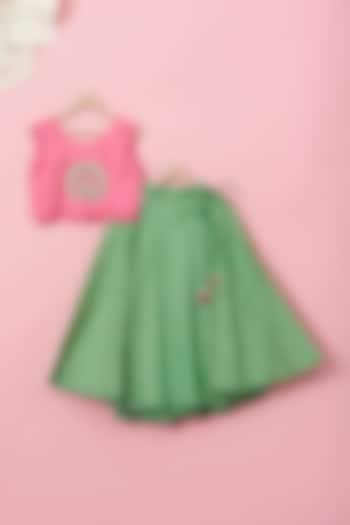 Emerald Green Cotton & Handwoven Chanderi Mirror Embroidered Lehenga Set For Girls by Mi Dulce An'ya