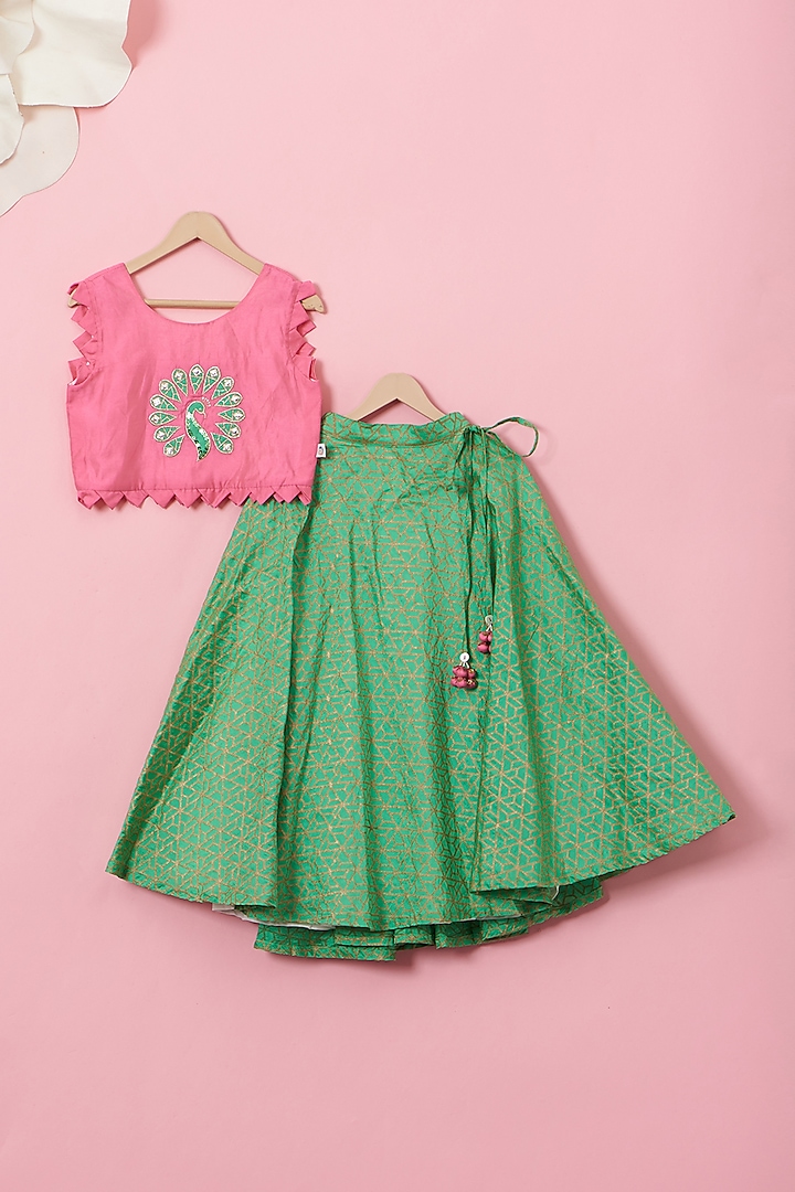 Emerald Green Cotton & Handwoven Chanderi Mirror Embroidered Lehenga Set For Girls by Mi Dulce An'ya