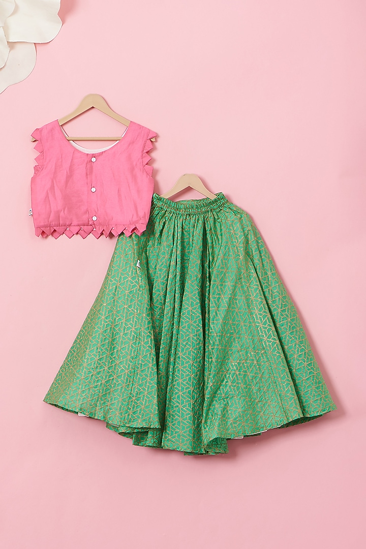 Emerald Green Cotton & Handwoven Chanderi Mirror Embroidered Lehenga Set For Girls by Mi Dulce An'ya at Pernia's Pop Up Shop