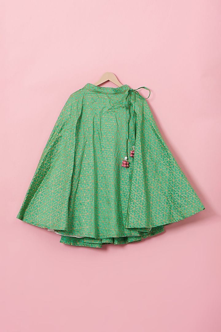 Emerald Green Cotton & Handwoven Chanderi Mirror Embroidered Lehenga Set For Girls by Mi Dulce An'ya at Pernia's Pop Up Shop