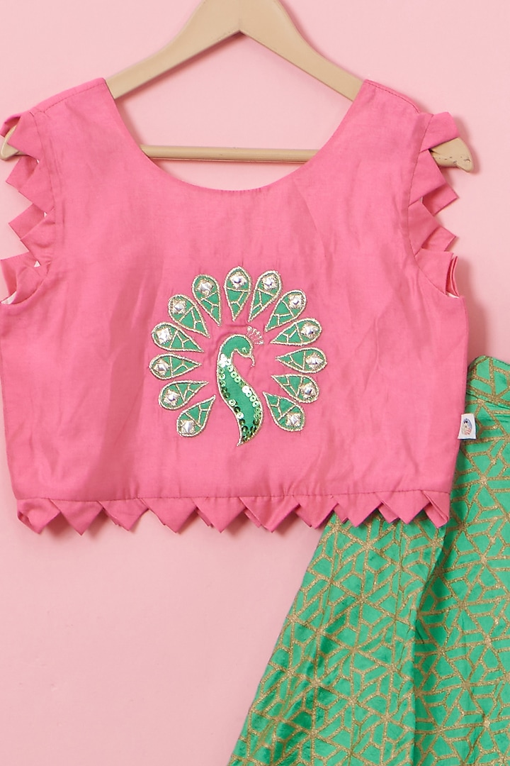 Emerald Green Cotton & Handwoven Chanderi Mirror Embroidered Lehenga Set For Girls by Mi Dulce An'ya at Pernia's Pop Up Shop