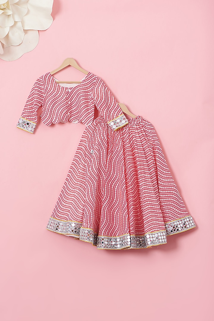 Red Organic Cotton Leheriya Printed Lehenga Set For Girls by Mi Dulce An'ya at Pernia's Pop Up Shop