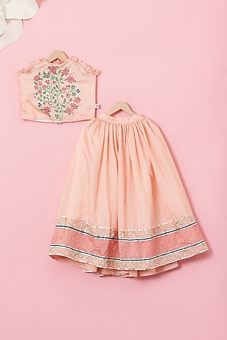 Peach Cotton & Handwoven Chanderi Printed Gota Lehenga Set For Girls by Mi Dulce An'ya