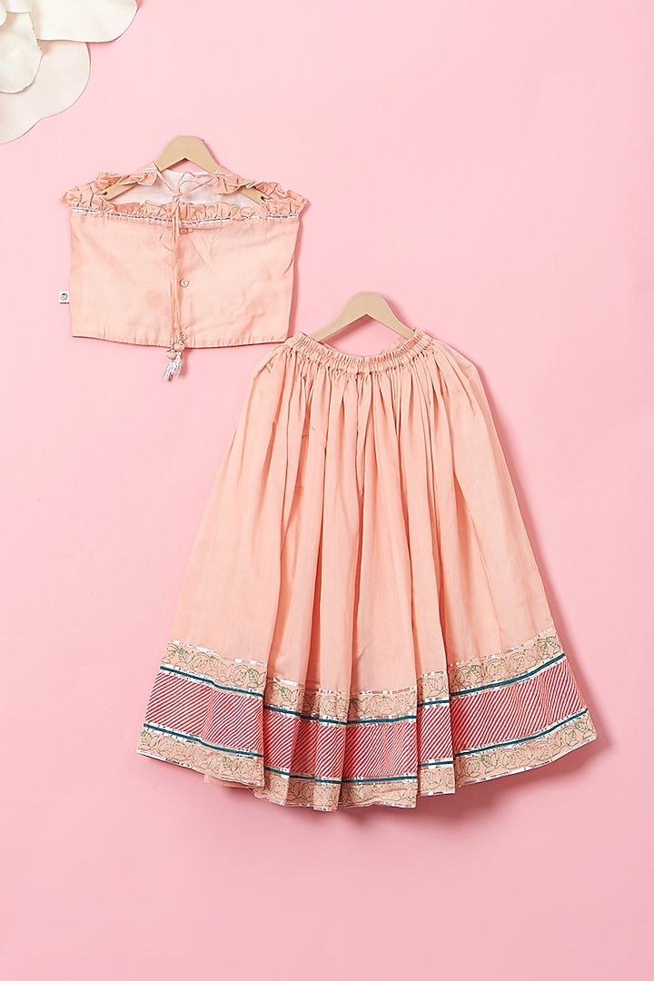 Peach Cotton & Handwoven Chanderi Printed Gota Lehenga Set For Girls by Mi Dulce An'ya at Pernia's Pop Up Shop