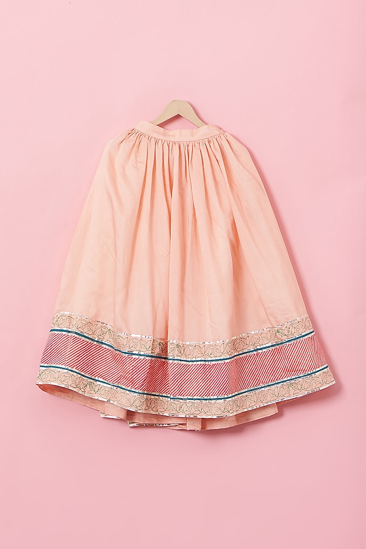 Peach Cotton & Handwoven Chanderi Printed Gota Lehenga Set For Girls by Mi Dulce An'ya at Pernia's Pop Up Shop