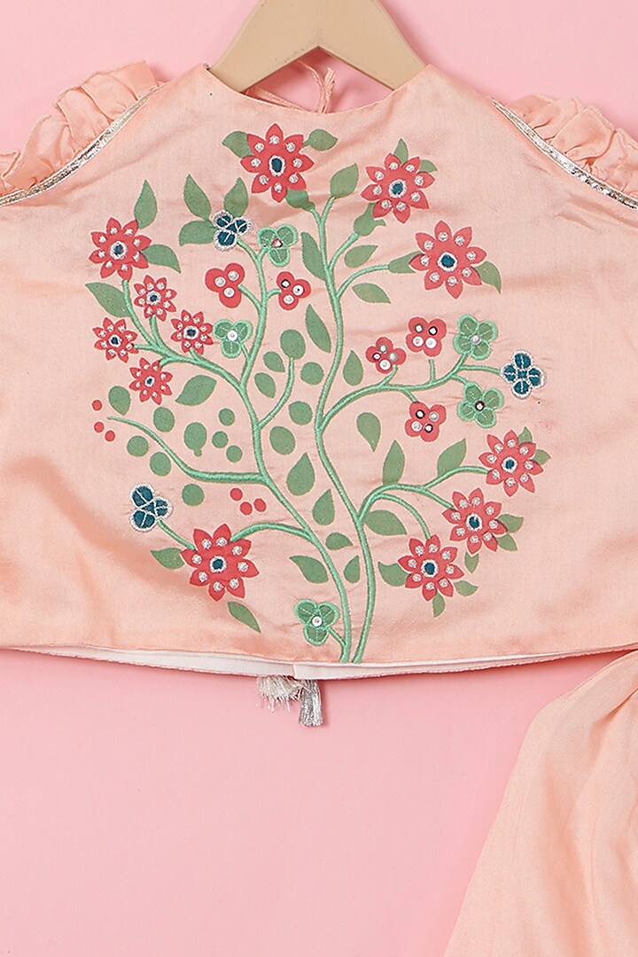 Peach Cotton & Handwoven Chanderi Printed Gota Lehenga Set For Girls by Mi Dulce An'ya at Pernia's Pop Up Shop