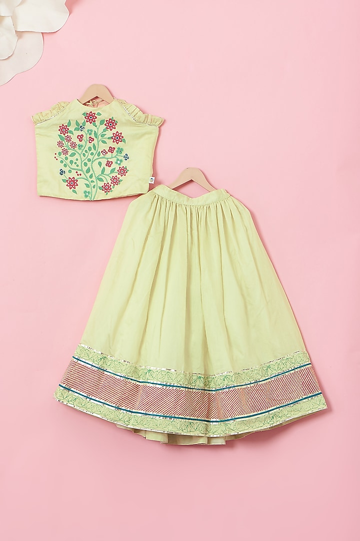 Mint Green Cotton & Handwoven Chanderi Printed Gota Lehenga Set For Girls by Mi Dulce An'ya at Pernia's Pop Up Shop