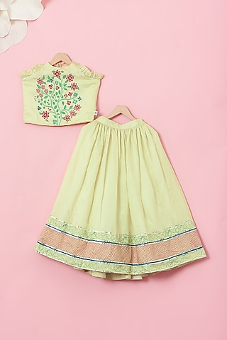 Mint Green Cotton & Handwoven Chanderi Printed Gota Lehenga Set For Girls by Mi Dulce An'ya